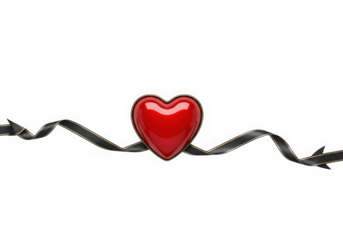 Red heart with black ribbon isolated on transparent background