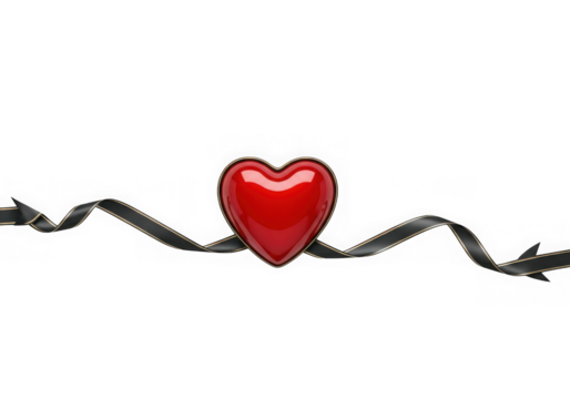 Red heart with black ribbon isolated on transparent background