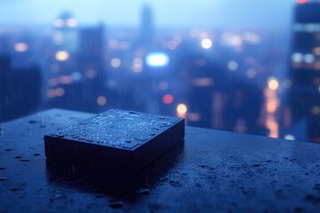 A circuit board rests on a rain-soaked surface, overlooking a cyberpunk-esque city skyline at night with blurred bokeh lights.