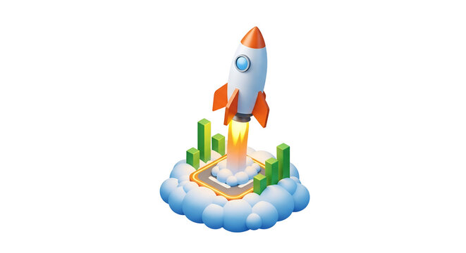 3d icon of isometric rocket launch with graph isolated on transparent background business startup concept illustration