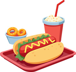 Fast Food Tray with Hot Dog, Curly Fries, and Soft Drink Vector Illustration