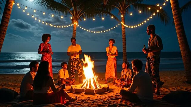 Bonfire beach party at night with friends chilling, summer coastline celebration