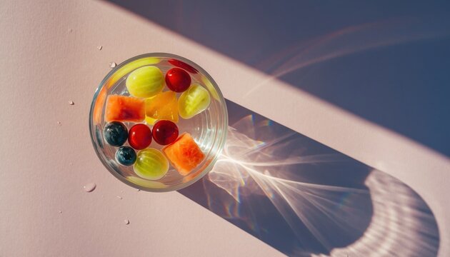 Refreshing fruit infused water with vibrant colors and sunlit shadows for healthy lifestyle and wellness content, perfect for summer promotions and blog posts