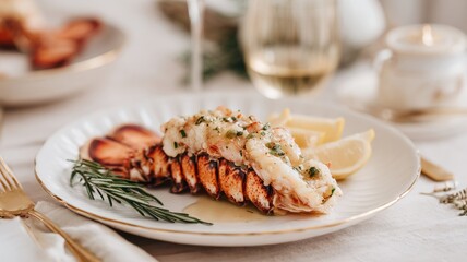 Grilled lobster tail with garlic butter and lemon on elegant white plate, gourmet seafood dish with herbs and luxury dinner setting