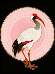 Obraz premium Golden Rimmed Crane: Pink Circle Pattern Art Illustration