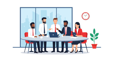 Flat vector of a business team collaborating around a meeting table with charts and ideas. Solid colors, no gradients, ideal for business presentations and corporate websites