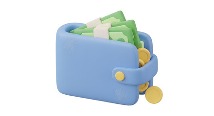3d icon of wallet with money and coins isolated on transparent background, representing financial security and wealth management