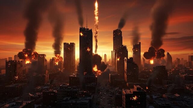 City burning after missile strike, doomsday disaster animation background loop