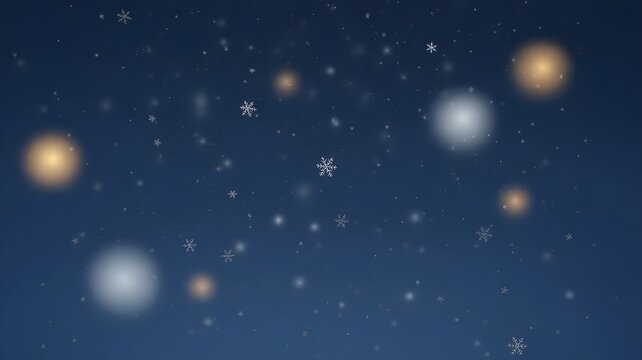 A dreamy scene of delicate snowflakes gently falling against a deep blue backdrop, illuminated by soft, glowing orbs of gold and silver light - Powered by Adobe