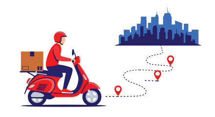 Courier delivering package on scooter with route line and location pin. Flat vector, ideal for delivery apps and logistics service promotions