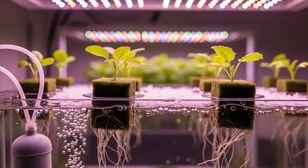 Hydroponic System with Young Plants and LED Grow Lights.