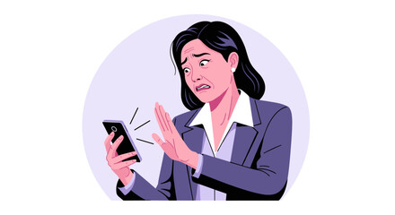 An adult Asian businesswoman experiences stress and burnout, feeling overwhelmed by work while looking at her smartphone, illustrating modern workplace challenges.