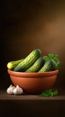 Pickles and garlic beautifully arranged in an earthenware bowl showcasing vibrant food details and natural textures