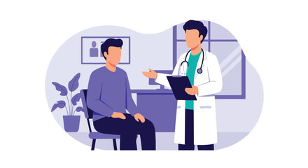 Doctor consulting patient with medical chart icons. Solid vector style, ideal for hospital websites, telehealth apps, health presentations