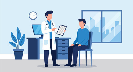 Doctor consulting patient with medical chart icons. Solid vector style, ideal for hospital websites, telehealth apps, health presentations