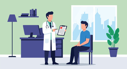 Doctor consulting patient with medical chart icons. Solid vector style, ideal for hospital websites, telehealth apps, health presentations