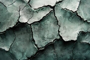 Obraz premium Abstract texture of a deeply cracked surface. Irregular fragments in shades of dark teal, green, and gray create a weathered, dramatic pattern.