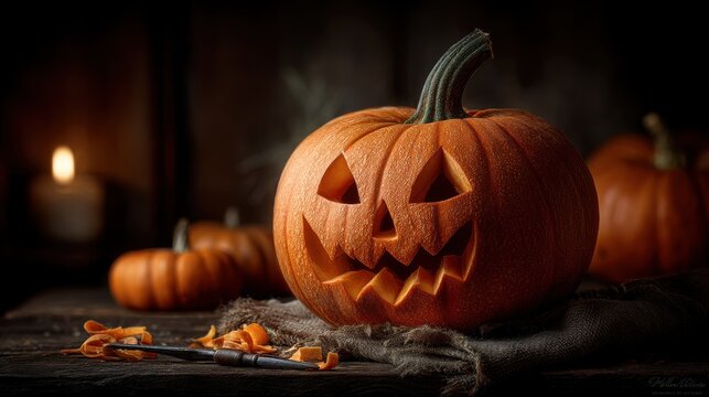 Carved eye socket of Halloween jack-o'-lantern pumpkin with terrifying grimace triangular eyes illuminated from within surrounded by carving tools orange shavings