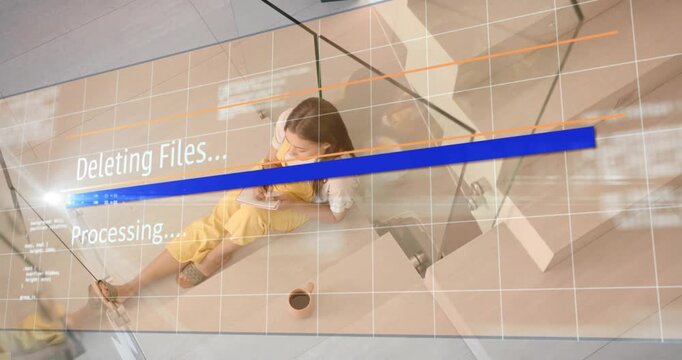 Woman student writing on stairwell, Processing HUD deleting files over tech scene while bar growing