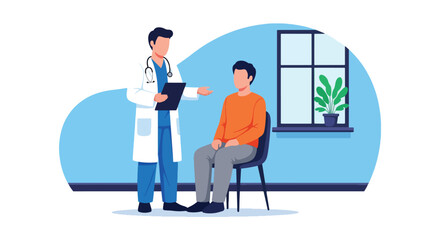 Doctor consulting patient with medical chart icons. Solid vector style, ideal for hospital websites, telehealth apps, health presentations