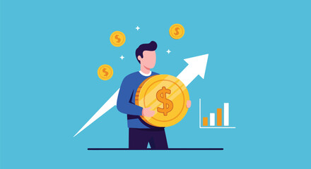 Investor holding coin with arrow showing financial growth. Flat vector, ideal for financial apps, fintech ads, investment presentations
