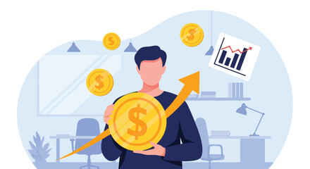 Investor holding coin with arrow showing financial growth. Flat vector, ideal for financial apps, fintech ads, investment presentations