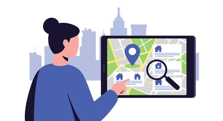Person reviewing property listing on tablet with location pin. Solid vector, ideal for realtor ads, property search platforms, and housing apps