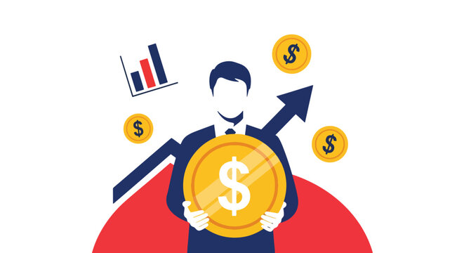 Investor holding coin with arrow showing financial growth. Flat vector, ideal for financial apps, fintech ads, investment presentations