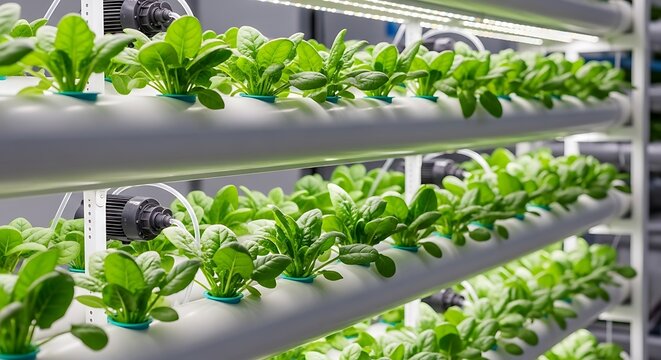 Hydroponic Farming System Growing Fresh Green Lettuce Plants Indoors Under LED Lights.