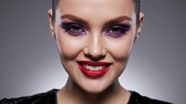 Woman with dramatic makeup and red lipstick posing in studio beauty fashion concept