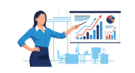 Marketer presenting digital strategy with charts and hashtags. Bold vector design, ideal for marketing campaigns and social media tool promotions