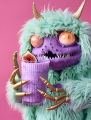 Stylish Furry Alien with Fig Drink in Vibrant Pink Scene