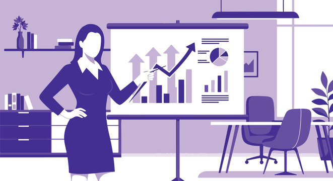 Marketer presenting digital strategy with charts and hashtags. Bold vector design, ideal for marketing campaigns and social media tool promotions