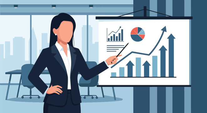 Marketer presenting digital strategy with charts and hashtags. Bold vector design, ideal for marketing campaigns and social media tool promotions