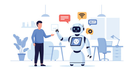 Person interacting with friendly robot and AI elements. Flat vector style, ideal for AI marketing, tech startups, and automation platforms