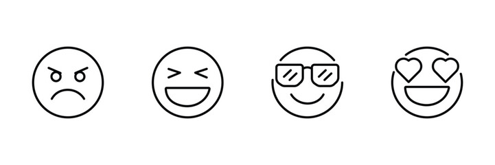 Angry, laughing, cool sunglasses, heart eyes emoji icon set, emotion face expression, minimal outline smiley vector illustration, mood avatar.