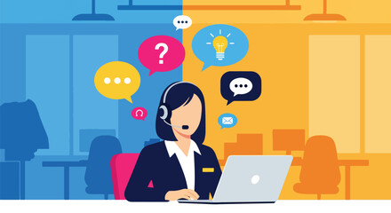 Support agent wearing headset with chat bubbles around. Flat vector style, ideal for customer service landing pages and helpdesk apps