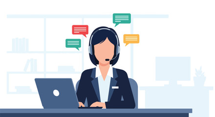 Support agent wearing headset with chat bubbles around. Flat vector style, ideal for customer service landing pages and helpdesk apps