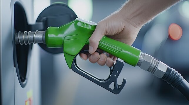 Masterful capture of a hand gripping a green gas pump nozzle at a busy filling station filled with blurred energy