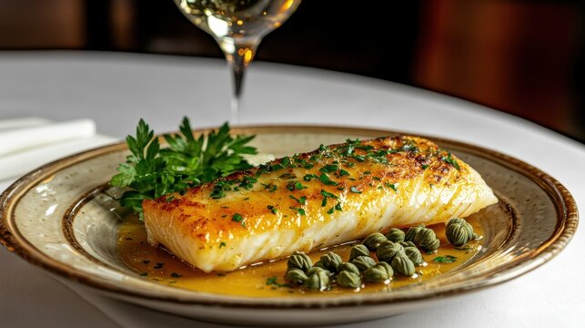 Dover sole meuniГЁre with golden brown butter sauce, fresh parsley and capers on elegant ceramic plate in upscale restaurant setting
