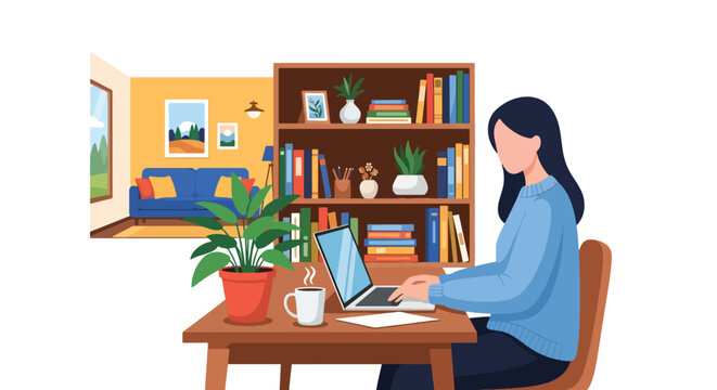 Remote worker using laptop in cozy home office. Solid flat vector style, ideal for remote-work articles, blogs, and productivity apps
