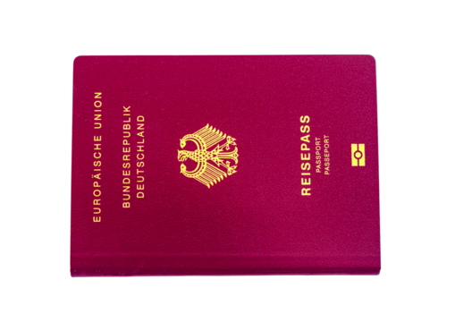 Neuer Deutscher Reisepass, Pass, Ausweis Deutschland - wichtiges Dokument für Urlaub und Einreise im Ausland - weißer Hintergrund freigestellt