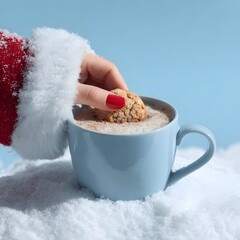 Cup of coffee with snow and cookie with Santa hand.