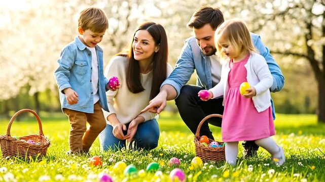 Joyful family hunting colorful Easter eggs outdoors on vibrant spring grass.