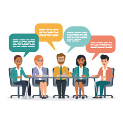 Business Team Brainstorm concept. Contemporary flat style abstract vector illustration of a group of diverse people at a desk leading a discussion with puzzle pieces above their heads.