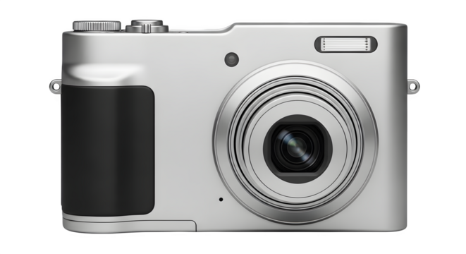 Silver digital camera isolated on transparent background