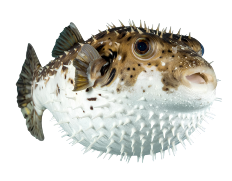 Realistic inflated pufferfish with sharp protective spikes and intricate skin patterns, floating naturally, isolated on a transparent background, PNG 