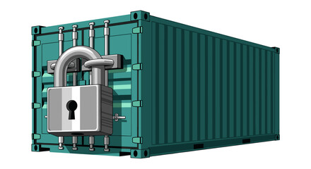 A teal shipping container is secured with a large padlock, symbolizing the protection of goods, security in logistics, and the concept of secure storage solutions.