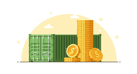 Green shipping containers and stacks of gold coins are depicted in this illustration, symbolizing international trade and financial growth in global commerce.
