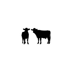 Black silhouette of a cow and a calf standing side by side on a white background